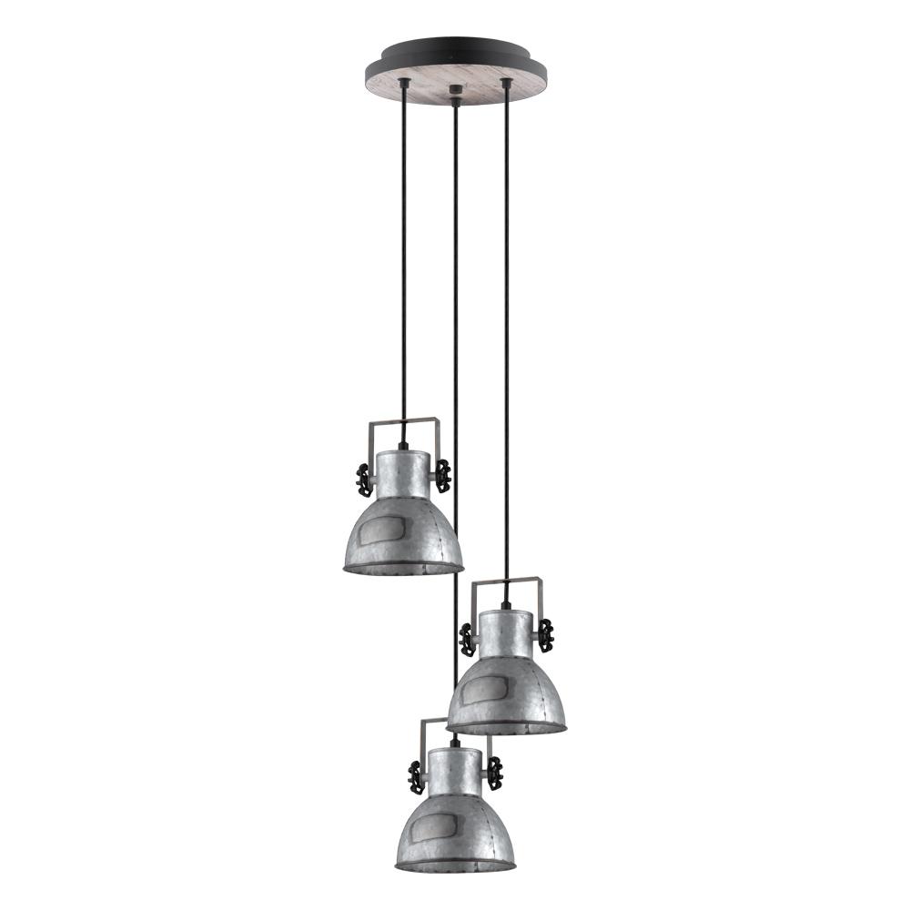 3 LT Cascade Pendant w/ Black & Bleached Wood Finish w/ Distresed Zinc & Black Metal Shades