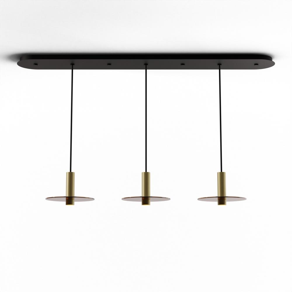Combi Pendant 6" Linear 3 Combo Brass with Matte Black Canopy, 9" glass plate (Tea Brown) at