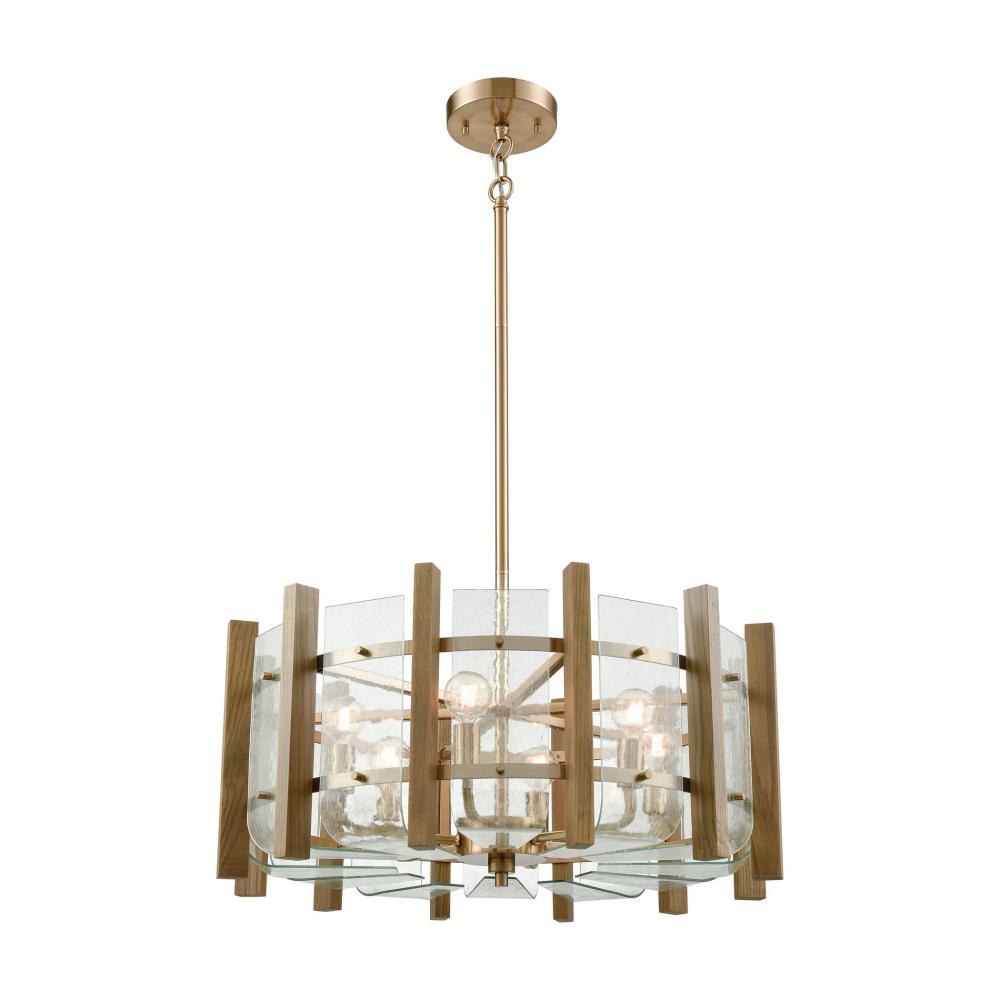 Vindalia 6-Light Chandelier in Satin Brass with Wood Slats and Curved Glass